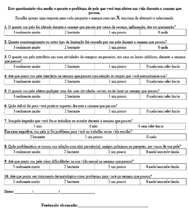 questionário - Índice de Qualidade de Vida em Dermatologia (DLQI)