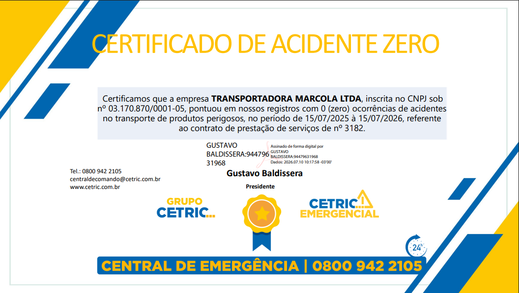 Certificado de acidente zero