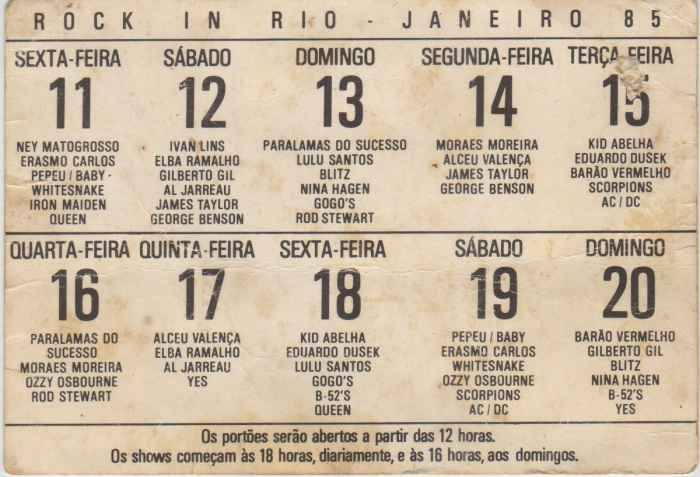 Shows do 1º Rock In Rio, de 11 a 20.01.1985 - 40 anos